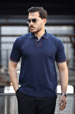Premium Şerit Detaylı Viskon Polo Yaka Triko Erkek T-Shirt - Lacivert