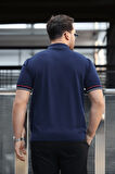 Premium Şerit Detaylı Viskon Polo Yaka Triko Erkek T-Shirt - Lacivert