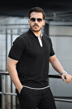 Premium Şerit Detaylı Viskon Polo Yaka Triko Erkek T-Shirt - Siyah
