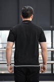 Premium Şerit Detaylı Viskon Polo Yaka Triko Erkek T-Shirt - Siyah