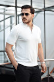 Premium Şerit Detaylı Viskon Polo Yaka Triko Erkek T-Shirt - Ekru