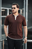 Premium Şerit Detaylı Viskon Polo Yaka Triko Erkek T-Shirt - Kahve