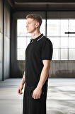 Yakası Şeritli Viskon Polo Yaka Triko Erkek T-Shirt - Siyah