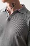 Örme Desenli Viskon Polo Yaka Triko Erkek T-Shirt - Gri