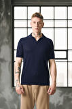 Örme Desenli Viskon Polo Yaka Triko Erkek T-Shirt - Lacivert