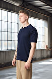 Örme Desenli Viskon Polo Yaka Triko Erkek T-Shirt - Lacivert