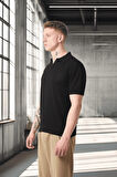 Örme Desenli Viskon Polo Yaka Triko Erkek T-Shirt - Siyah