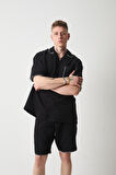 Nakış Detaylı Müslin Kumaş Erkek Takım Şort - Siyah
