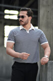 Çizgili Örme Desenli Polo Yaka Erkek T-Shirt - Lacivert