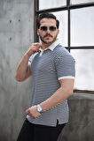 Çizgili Örme Desenli Polo Yaka Erkek T-Shirt - Lacivert