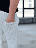 Krep Kumaş Çizgili Rahat Kalıp Erkek Pantolon - Beyaz