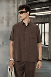 Tek Cepli Pamuk Kumaş Doğal Dokulu Erkek Gömlek - Kahve