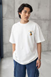 Cep Baskılı İki İplik Kumaş Pamuklu  Oversize Erkek T-Shirt - Ekru