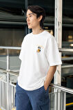 Cep Baskılı İki İplik Kumaş Pamuklu  Oversize Erkek T-Shirt - Ekru