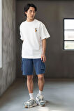 Cep Baskılı İki İplik Kumaş Pamuklu  Oversize Erkek T-Shirt - Ekru