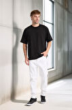 İki İplik Kumaş Pamuklu Bisiklet Yaka Basic Oversize Erkek T-Shirt - Siyah