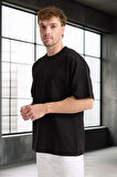 İki İplik Kumaş Pamuklu Bisiklet Yaka Basic Oversize Erkek T-Shirt - Siyah