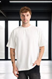 İki İplik Kumaş Pamuklu Bisiklet Yaka Basic Oversize Erkek T-Shirt - Ekru
