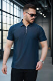 Likralı Örme Yarım Fermuar Polo Yaka Erkek Tişört - Lacivert