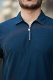 Likralı Örme Yarım Fermuar Polo Yaka Erkek Tişört - Lacivert