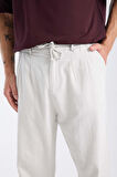 Bergman Keten Görünümlü Pamuklu Flamlı Rahat Kalıp Pileli Erkek Pantolon - Ekru