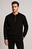 Wes Selanik Örgü 3 Düğmeli Yarım Pat Rahat Kalıp Erkek Triko Kazak - Siyah