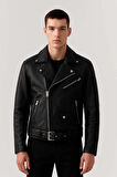 Russel Çok Cepli Biker Deri Görünümlü Erkek Ceket - Siyah