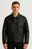 Denzel Düğmeli Yan Cepli Deri Görünümlü Erkek Ceket - Siyah
