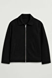 Kaşe Kumaş Fileto Cepli Fermuarlı Erkek Ceket - Siyah