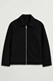 Kaşe Kumaş Fileto Cepli Fermuarlı Erkek Ceket - Siyah