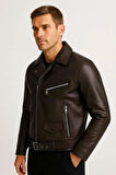 Russel Çok Cepli Biker Deri Görünümlü Erkek Ceket - Kahve