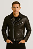 Russel Çok Cepli Biker Deri Görünümlü Erkek Ceket - Kahve