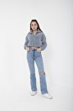 Kadın Yarım Fermuar Boyalı Gri Balıkçı Peluş Düşük Omuz Kısa Oversize Crop Sweatshirt