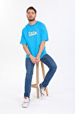 Oversize Smurfs Yazılı Mavi T-shirt