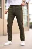 Düğmesiz Düz Kumaş Haki Jogger Pantolon