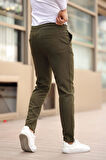 Düğmesiz Düz Kumaş Haki Jogger Pantolon