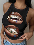 Kadın Siyah Baskılı Crop Atlet – Diş Grillz Desenli, Sokak Modası Tarzı