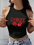 Kadın Siyah "Cherry" Baskılı Kolsuz Crop Atlet - Yazlık Sokak Stili
