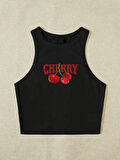 Kadın Siyah "Cherry" Baskılı Kolsuz Crop Atlet - Yazlık Sokak Stili