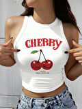 Kadın Beyaz "Cherry" Baskılı Kolsuz Crop Atlet - Yazlık Sokak Stili
