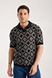 Erkek Polo Yaka Geometrik Desenli Kısa Kollu Triko Tişört - Lacivert Bej