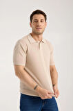 Erkek Polo Yaka Düz Dokulu Bej Kısa Kollu Triko Tişört