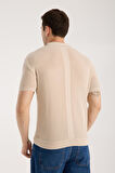 Erkek Polo Yaka Düz Dokulu Bej Kısa Kollu Triko Tişört