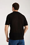 Erkek Polo Yaka Dik Çizgi Dokulu Siyah Kısa Kollu Triko Tişört