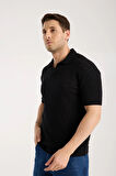 Erkek Polo Yaka Geometrik Desen Dokulu Siyah Kısa Kollu Triko Tişört