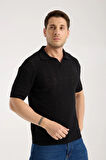 Erkek Polo Yaka Geometrik Desen Dokulu Siyah Kısa Kollu Triko Tişört