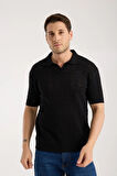 Erkek Polo Yaka Geometrik Desen Dokulu Siyah Kısa Kollu Triko Tişört