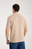 Erkek Polo Yaka Geometrik Desen Dokulu Bej Kısa Kollu Triko Tişört