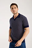 Erkek Polo Yaka Links  Örgü Dokulu Lacivert Kısa Kollu Triko Tişört
