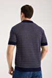 Erkek Polo Yaka Links  Örgü Dokulu Lacivert Kısa Kollu Triko Tişört
